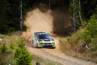 Patrik Sandell blasts out of the forest at the Olympus Rally Patrik Sandell blasts out of the forest at the Olympus Rally