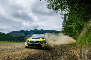 Patrik Sandell slides his Subaru WRX STI to victory at the Olympus Rally Patrik Sandell slides his Subaru WRX STI to victory at the Olympus Rally