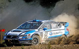 David Higgins and codriver Craig Drew push their Subaru WRX STI to victory at STPR David Higgins and codriver Craig Drew push their Subaru WRX STI to victory at STPR