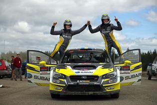 Patrik Sandell and his co-driver Per Almkvist celebrate Olympus Rally win Patrik Sandell and his co-driver Per Almkvist celebrate Olympus Rally win